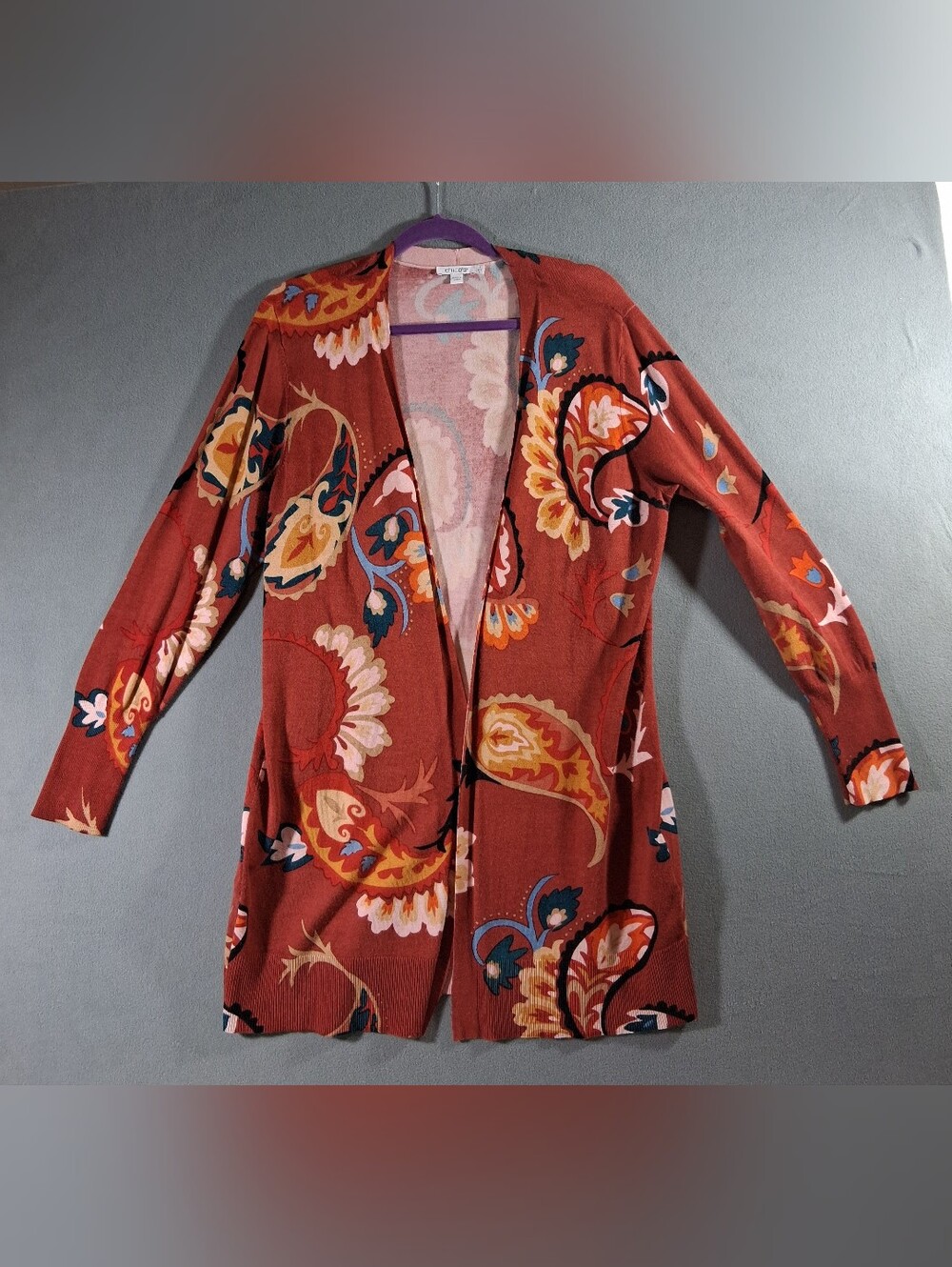 Women's Large Chico's Cardigan Duster Rust/Floral Grandmacore Fall Cozy